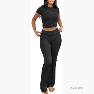 Slim Fit Lounge Set with Crop Top & Flare Leggings for Yoga Workout